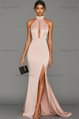 Dreamyannie Satin Black Wedding Guest Dress Mermaid Halter Neck Formal Dress