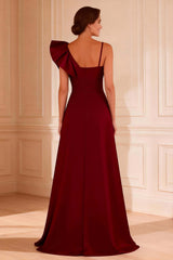 Dreamyannie Satin Burgundy Ruffled A Line Asymmetrical Neck Long Mother Of The Bride Dress