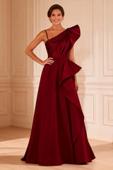 Dreamyannie Satin Burgundy Ruffled A Line Asymmetrical Neck Long Mother Of The Bride Dress