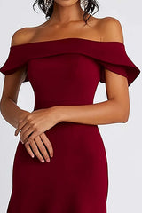 Dreamyannie Satin Burgundy Wedding Guest Dress Off The Shoulder Knee-Length Formal Dress