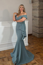 Dreamyannie Satin Grey Mermaid Long Mother Of The Bride Dress With Ruffles