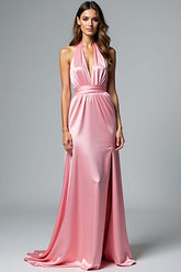 Dreamyannie Satin Long Backless Pink Wedding Guest Dress Halter Formal Dress With Slit