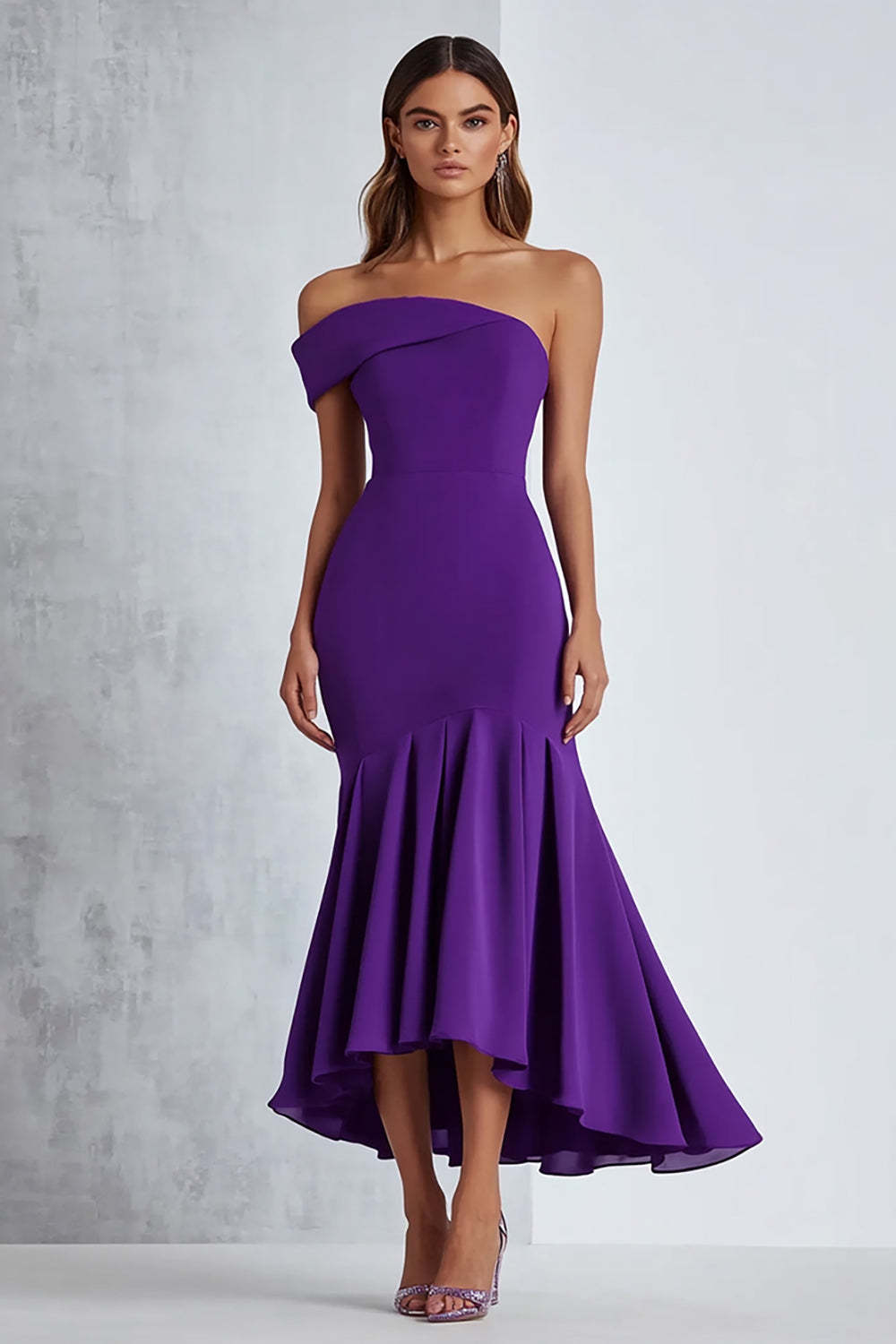 Dreamyannie Satin Plum Off The Shoulder Knee-Length Formal Dress