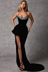 Dreamyannie Satin Prom Dress Halter Sleeveless Black Formal Dress With Slit