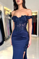 Dreamyannie Satin Prom Dress Lace Off The Shoulder Sleeveless Formal Dress With Appliques Slit