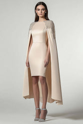 Dreamyannie Satin Sheath Champagne Wedding Guest Dress Knee-Length Formal Dress With Shawl