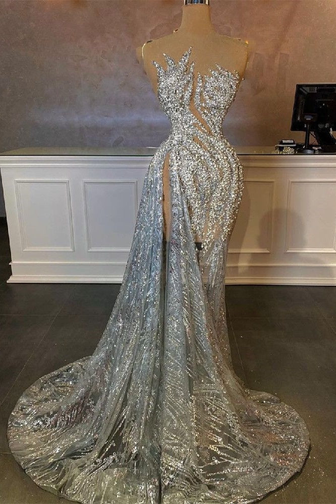 Dreamyannie Women Sequined Prom Dress Silver Mermaid Formal Dress with Slit  – Dreamyannie UK