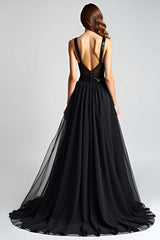 Dreamyannie Sequins Backless Black Wedding Guest Dress A Line Long Tulle Graduation Dress