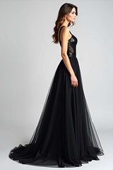 Dreamyannie Sequins Backless Black Wedding Guest Dress A Line Long Tulle Graduation Dress