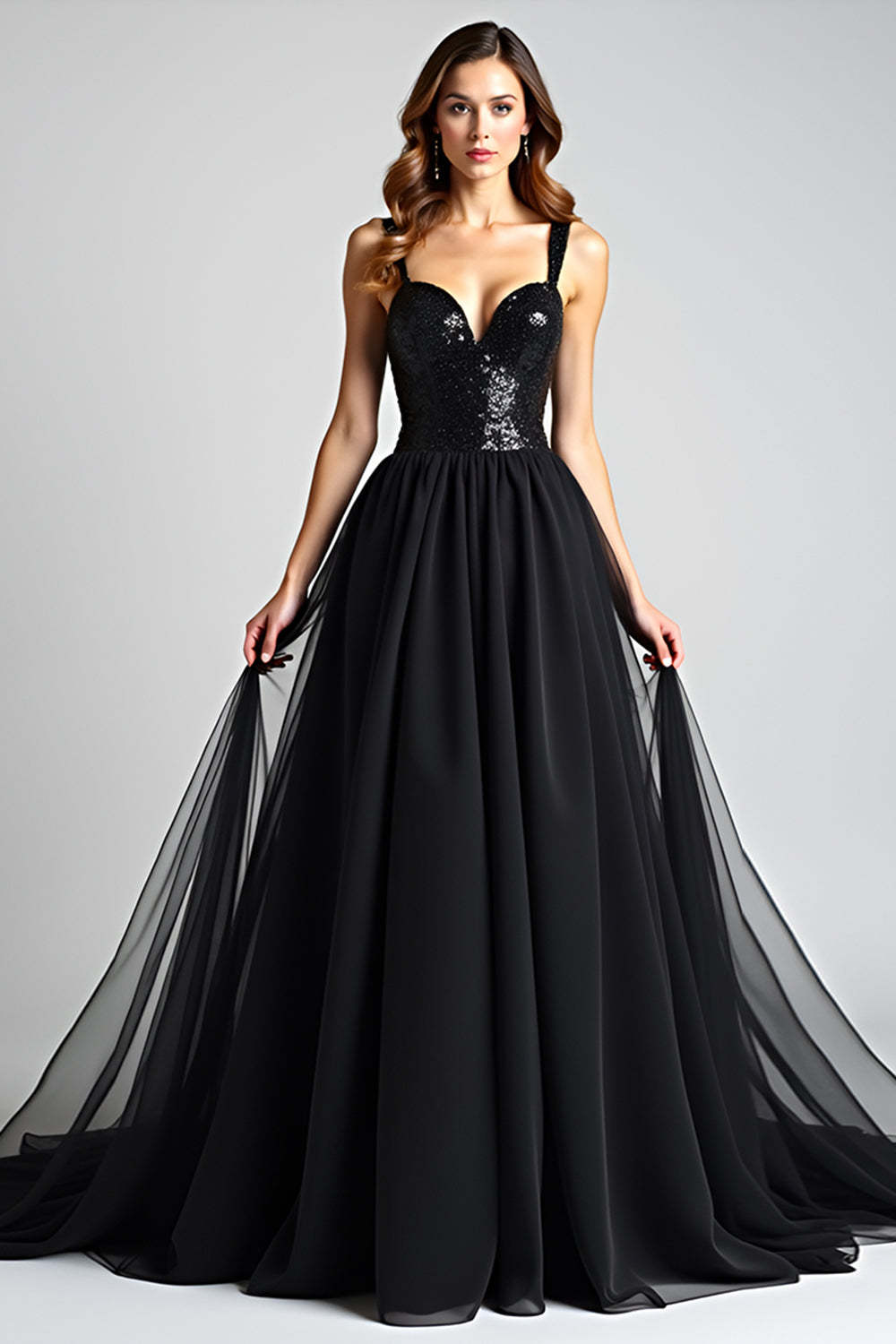 Dreamyannie Sequins Backless Black Wedding Guest Dress A Line Long Tulle Graduation Dress