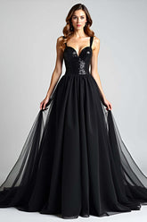 Dreamyannie Sequins Backless Black Wedding Guest Dress A Line Long Tulle Graduation Dress