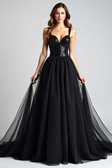 Dreamyannie Sequins Backless Black Wedding Guest Dress A Line Long Tulle Graduation Dress