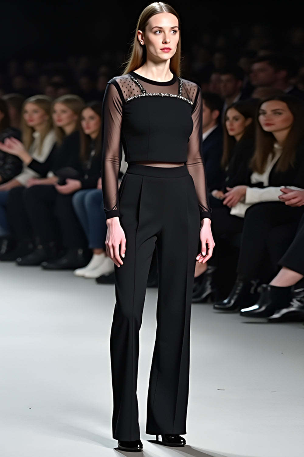 Dreamyannie Sexy Tops Black Wedding Guest Dress Mesh FlaRed Wedding Guest Dress Pants Two-Piece Set