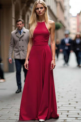Dreamyannie Sheath Backless Halter Burgundy Wedding Guest Dress Long Formal Dress