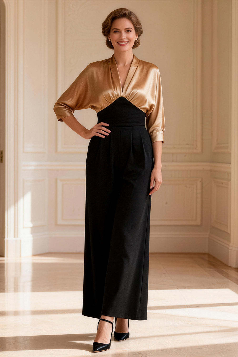Dreamyannie Sheath Black And Champagne Satin V Neck Long Mother Of The Bride Dress