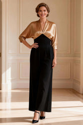 Dreamyannie Sheath Black And Champagne Satin V Neck Long Mother Of The Bride Dress