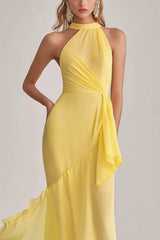Dreamyannie Sheath Chiffon Light Yellow Halter Neck Long Formal Dress