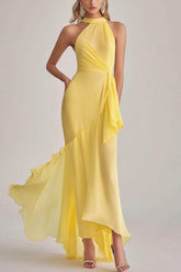 Dreamyannie Sheath Chiffon Light Yellow Halter Neck Long Formal Dress