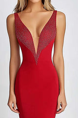 Dreamyannie Sheath Deep V-Neck Red Wedding Guest Dress Long Formal Dress With Beading