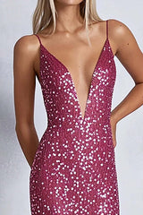 Dreamyannie Sheath Fuchsia Wedding Guest Dress Deep V-Neck Long Formal Dress