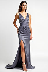 Dreamyannie Sheath Steel Grey Deep V-Neck Long Formal Dress With Slit