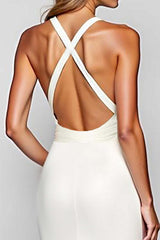 Dreamyannie Sheath White Halter Satin Long Formal Dress