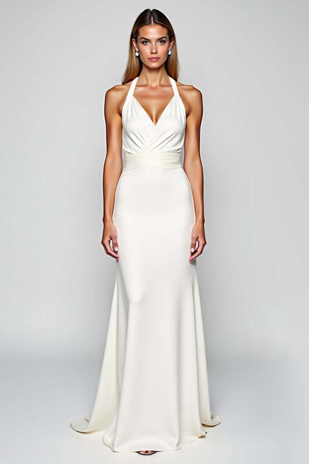 Dreamyannie Sheath White Halter Satin Long Formal Dress