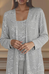 Dreamyannie Silver Chiffon Scoop Neck 3 Piece Mother Of The Bride Pant Suits With Jacket