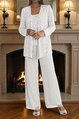Dreamyannie Silver Chiffon Scoop Neck 3 Piece Mother Of The Bride Pant Suits With Jacket
