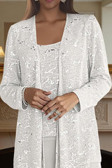 Dreamyannie Silver Chiffon Scoop Neck 3 Piece Mother Of The Bride Pant Suits With Jacket