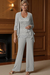 Dreamyannie Silver Chiffon Scoop Neck 3 Piece Mother Of The Bride Pant Suits With Jacket