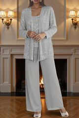 Dreamyannie Silver Chiffon Scoop Neck 3 Piece Mother Of The Bride Pant Suits With Jacket