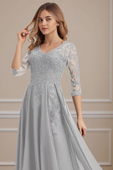 Dreamyannie Silver Floral V Neck Beaded Floor Length Mother Of The Bride Dress With Lace