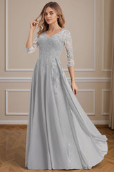 Dreamyannie Silver Floral V Neck Beaded Floor Length Mother Of The Bride Dress With Lace