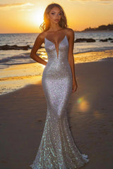 Dreamyannie Silver Glitter Mermaid Backless Long Prom Dress With Deep V Neck Formal Evening Gown