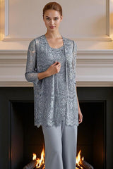 Dreamyannie Silver Lace Round Neck 3 Piece Mother Of The Bride Pant Suits With Jacket