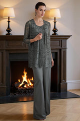 Dreamyannie Silver Lace Round Neck 3 Piece Mother Of The Bride Pant Suits With Jacket