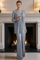 Dreamyannie Silver Lace Round Neck 3 Piece Mother Of The Bride Pant Suits With Jacket