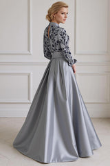 Dreamyannie Silver Lapel Floral A Line Floor Length Mother Of The Bride Dress With Sleeves