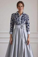 Dreamyannie Silver Lapel Floral A Line Floor Length Mother Of The Bride Dress With Sleeves