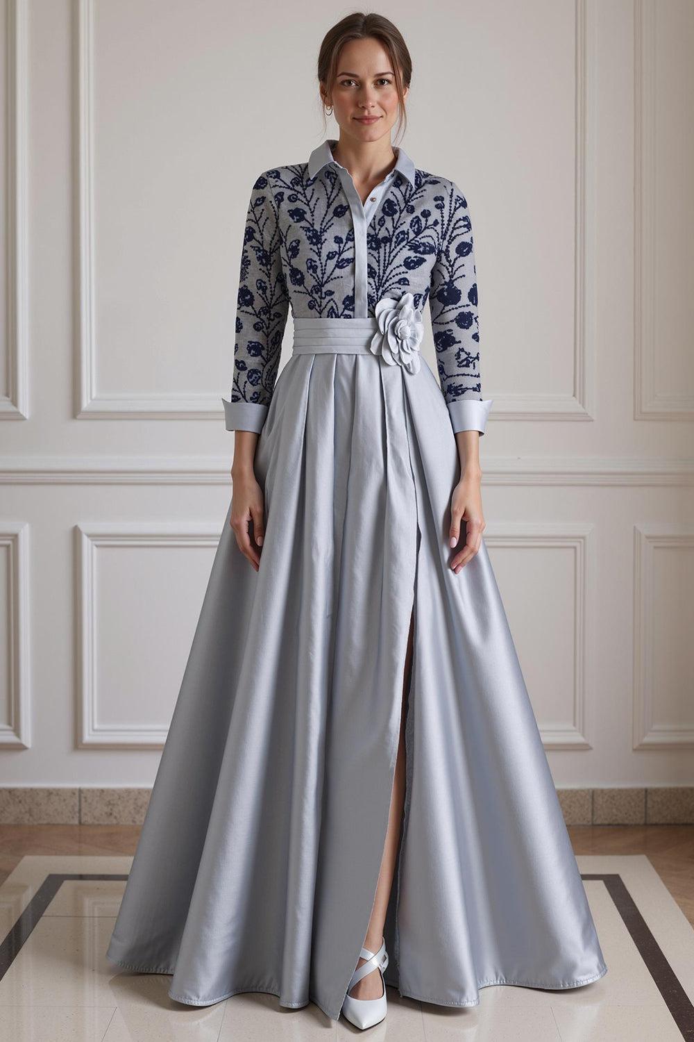 Dreamyannie Silver Lapel Floral A Line Floor Length Mother Of The Bride Dress With Sleeves