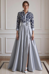 Dreamyannie Silver Lapel Floral A Line Floor Length Mother Of The Bride Dress With Sleeves