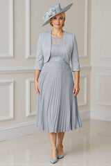 Dreamyannie Silver Pleated A Line 2 Piece Tea Length Mother Of The Bride Dress With Jacket
