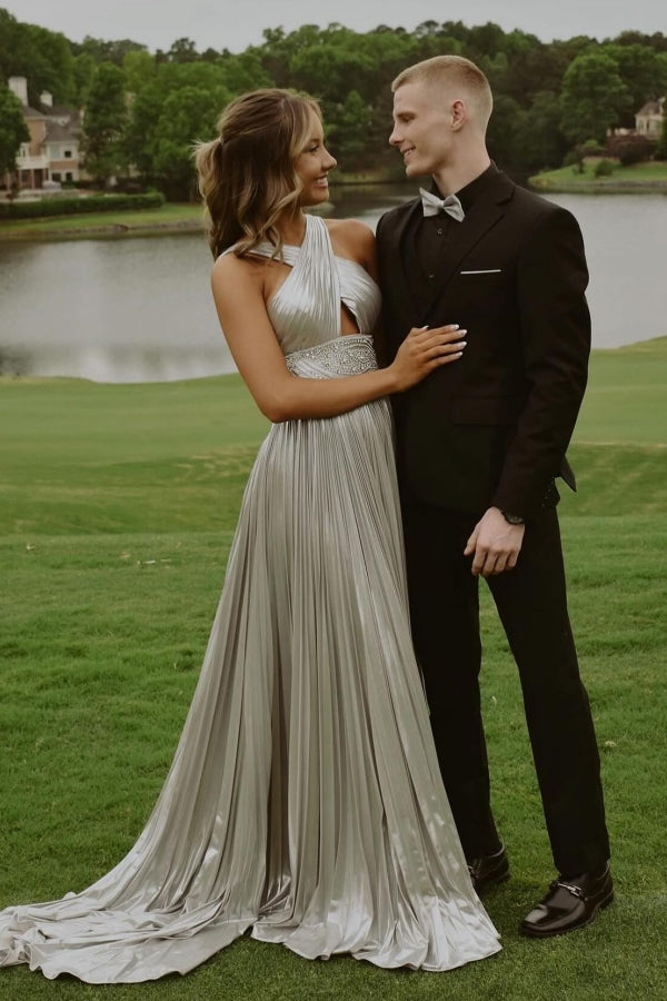 Dreamyannie Silver Prom Dress A Line Halter Pleated Evening Dress With Rhinestones