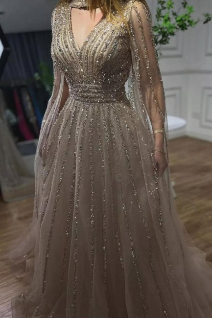 Dreamyannie Silver Prom Dress A Line V Neck Beaded Sequined Floor Length Tulle Formal Dress