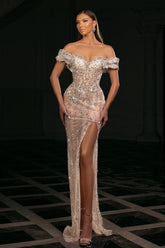 Dreamyannie Silver Prom Dress Column Sweetheart Off The Shoulder Sleeveless Beaded Slit Tulle Formal Dress With Rhinestones