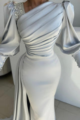 Dreamyannie Silver Prom Dress Mermaid Satin Pleated Sleeves Evening Dress With Side Slit