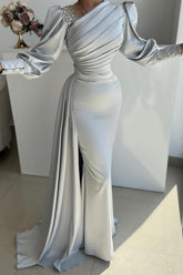 Dreamyannie Silver Prom Dress Mermaid Satin Pleated Sleeves Evening Dress With Side Slit