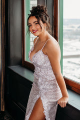 Dreamyannie Silver Prom Dress V-Neck Mermaid Slit Evening Dress