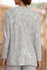 Dreamyannie Silver Sequins Scoop Neck 3 Piece Mother Of The Bride Pant Suits With Jacket